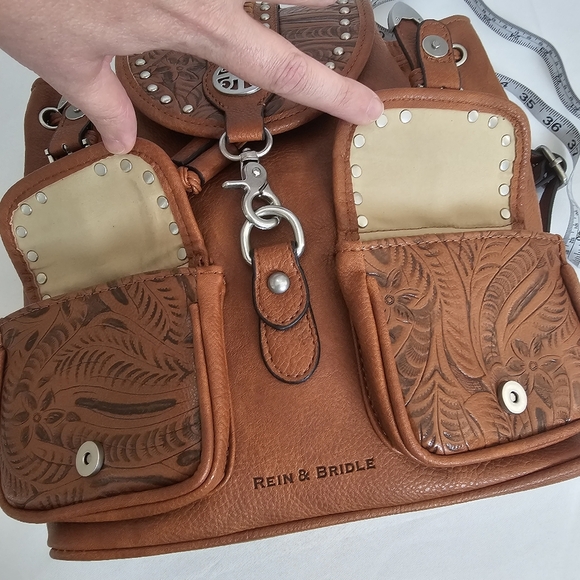 Rein & Bridle Tooled Vegan Leather Backpack Brown Western Boho Studded - Picture 8 of 13